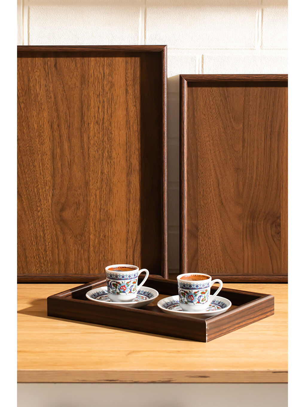 Kahverengi 130105044 Ahşap Tepsi 3lü Set Çay Kahve Bambu Sunumu Tepsi Seti-3