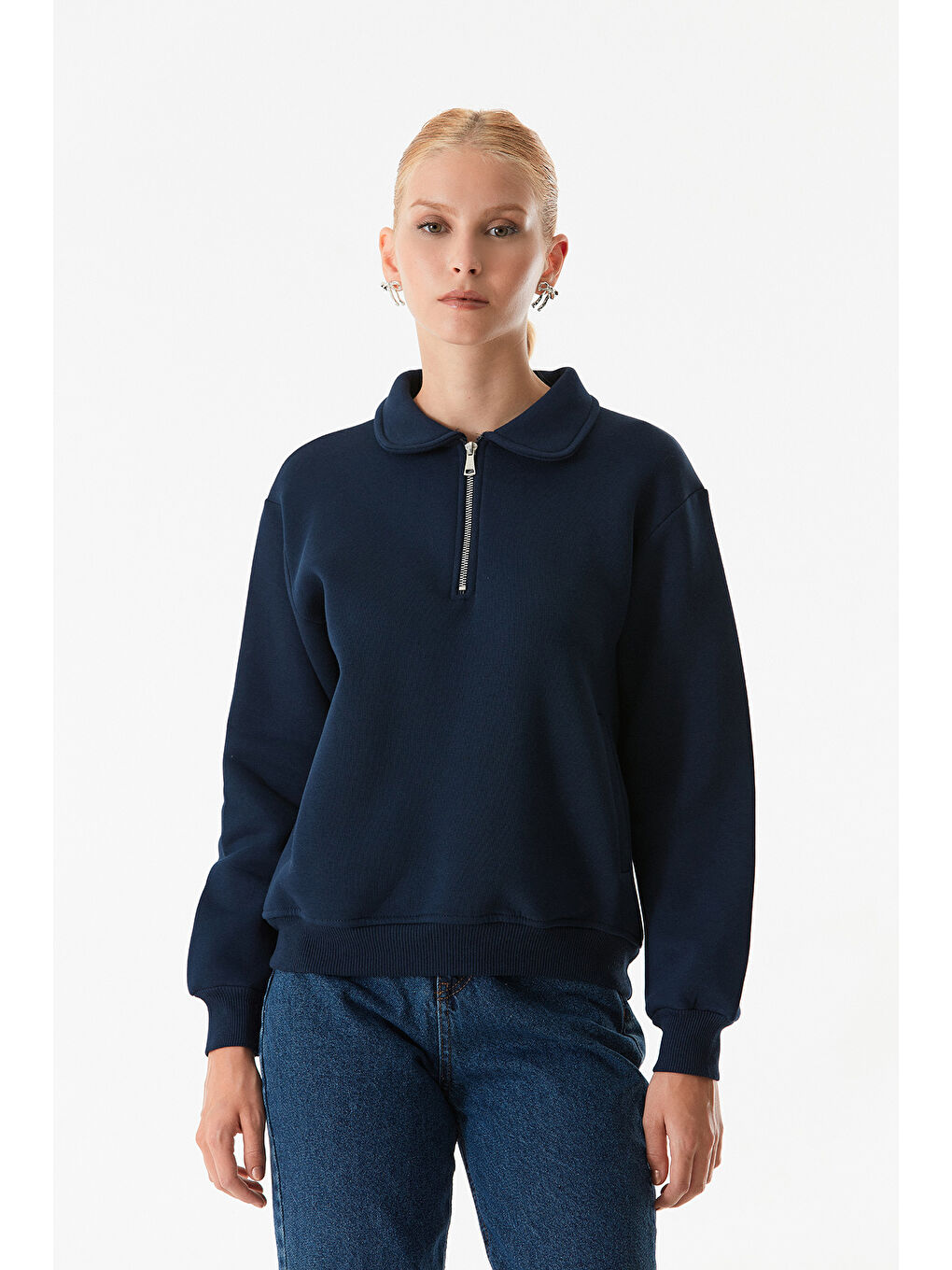 Fullamoda Lacivert Basic Polo Yaka Cepli Sweatshirt - 4