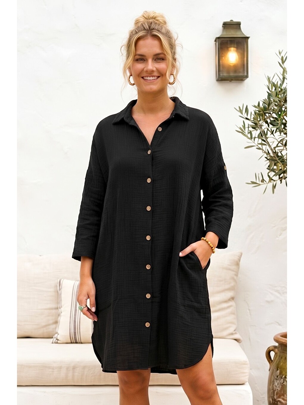 Siyah Gömlek Yaka 3/4 Kol Düğmeli Gizli Cepli Yıkamalı Casual Müslin Oversize Dokuma Elbise 101 72-1