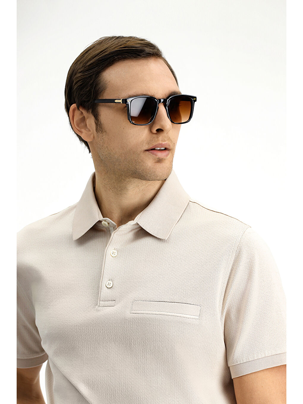 Bej Regular Fit Desenli Pamuklu Polo Yaka Tişört-1