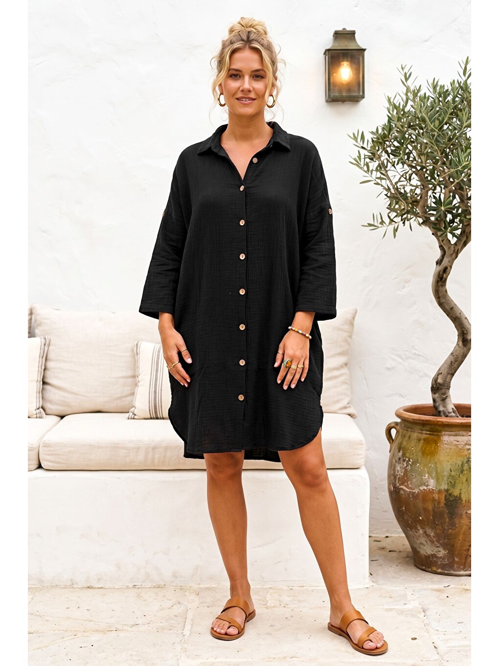 Siyah Gömlek Yaka 3/4 Kol Düğmeli Gizli Cepli Yıkamalı Casual Müslin Oversize Dokuma Elbise 101 72-2