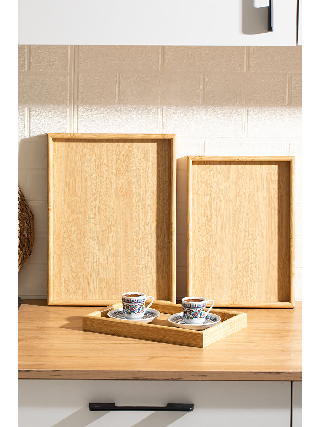 Kahverengi 130105043 Ahşap Tepsi 3lü Set Çay Kahve Bambu Sunumu Tepsi Seti-3