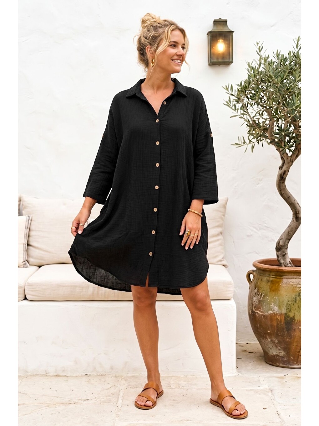 Siyah Gömlek Yaka 3/4 Kol Düğmeli Gizli Cepli Yıkamalı Casual Müslin Oversize Dokuma Elbise 101 72-3