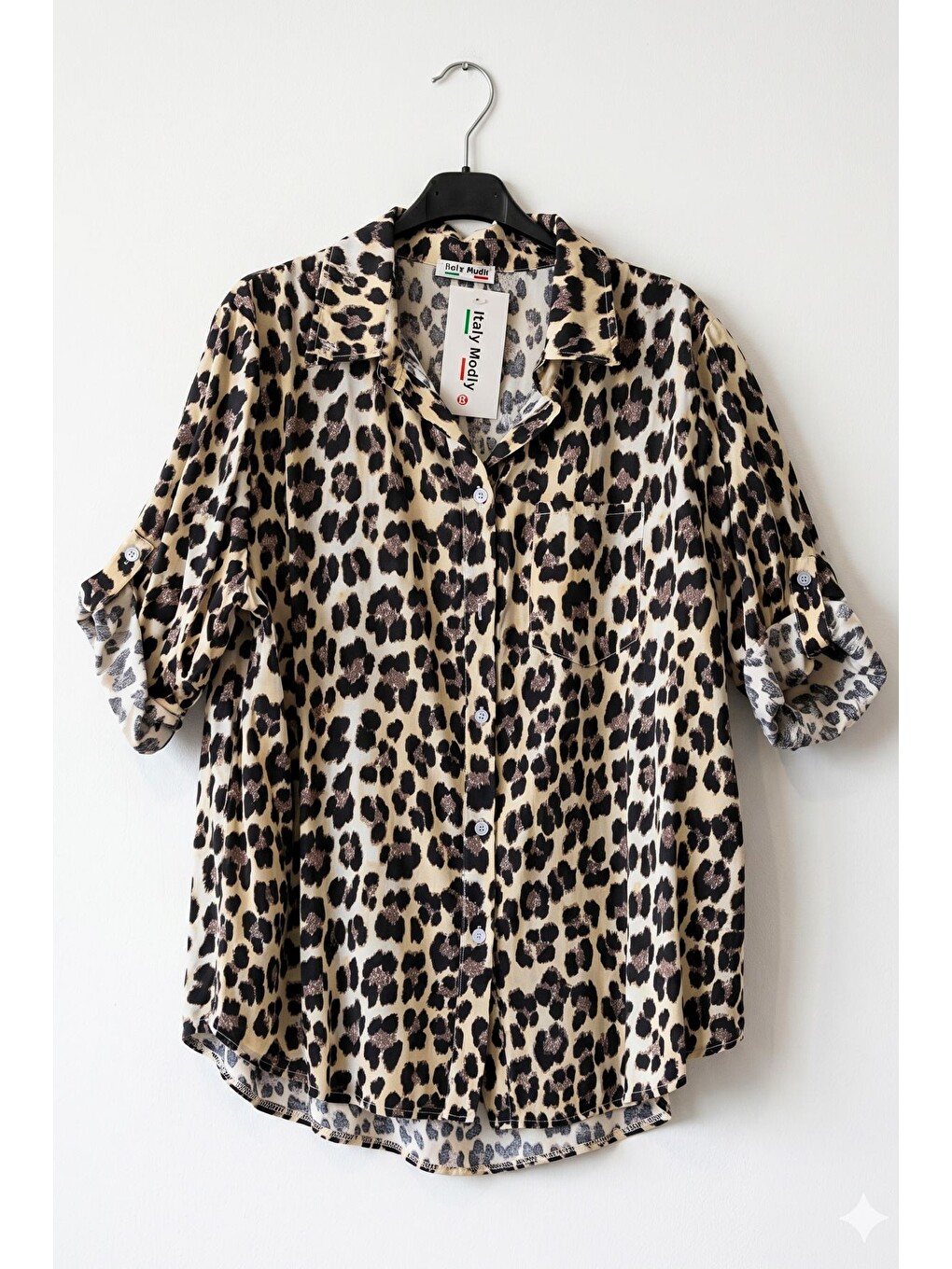 Kahverengi İtalyan Leopar Rengi Gömlek Yaka 3/4 Kol Leopar Desenli Düğmeli Casual Dokuma Gömlek 70 62-1