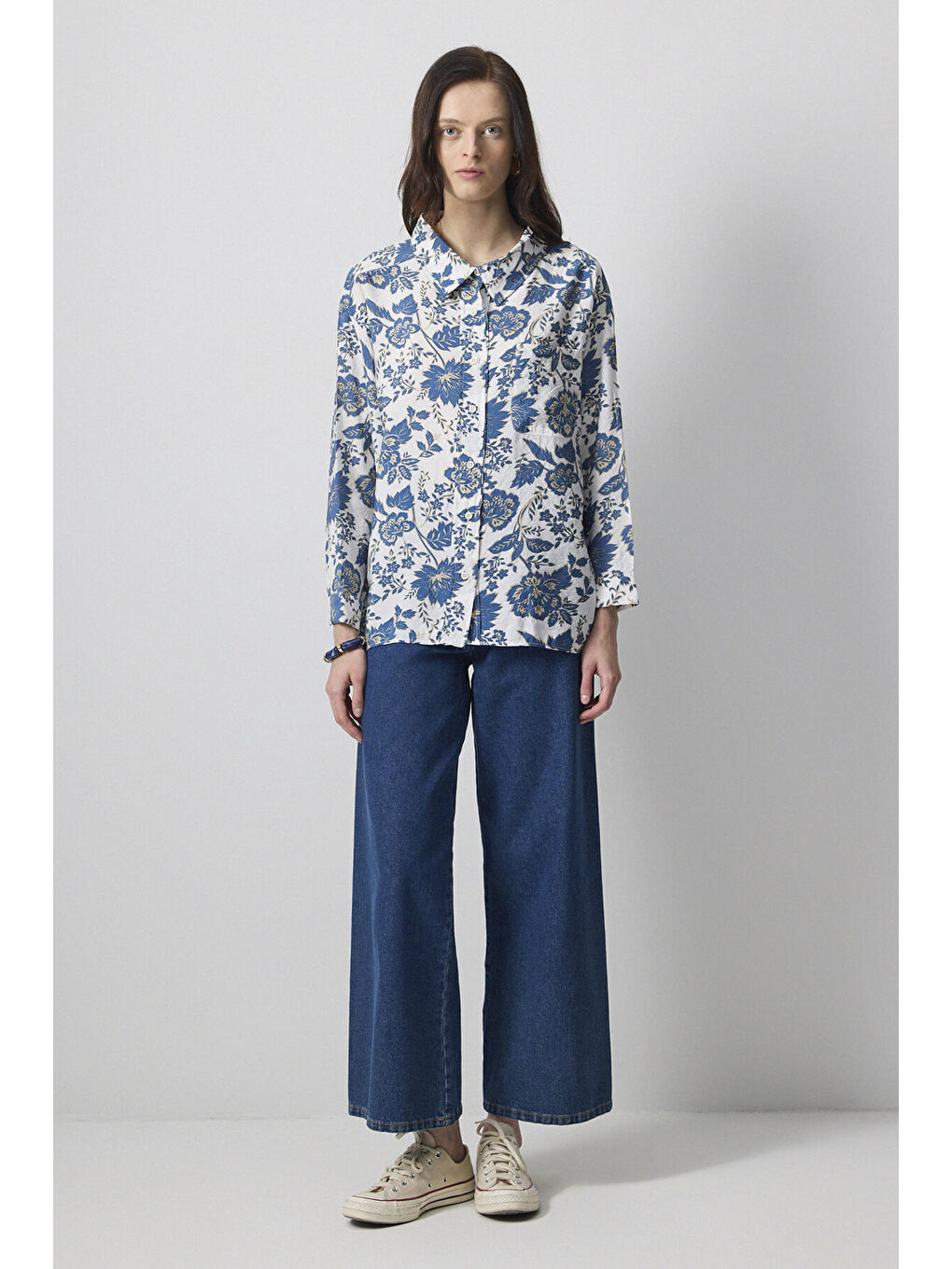 Mavi Desenli Viskon Gömlek