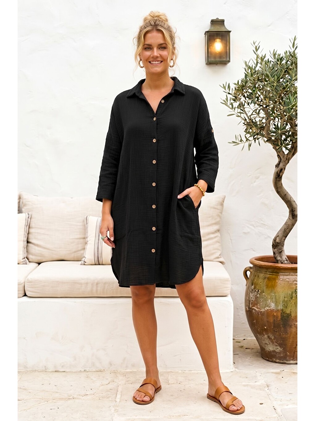 Siyah Gömlek Yaka 3/4 Kol Düğmeli Gizli Cepli Yıkamalı Casual Müslin Oversize Dokuma Elbise 101 72-4