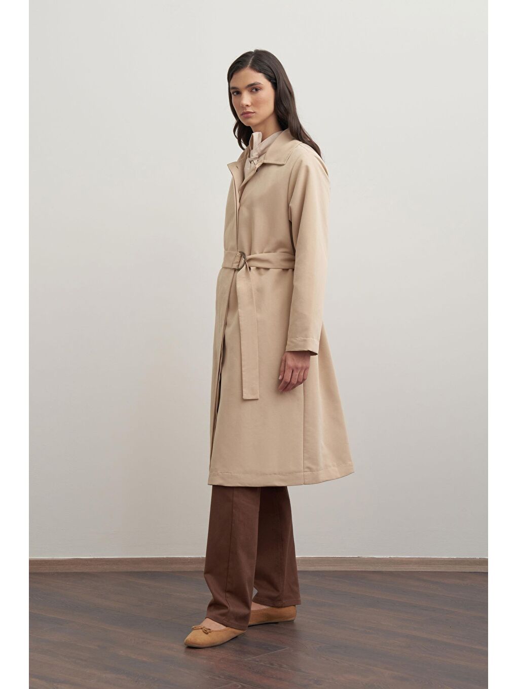 Bej-Kuşaklı Uzun Trençkot-1