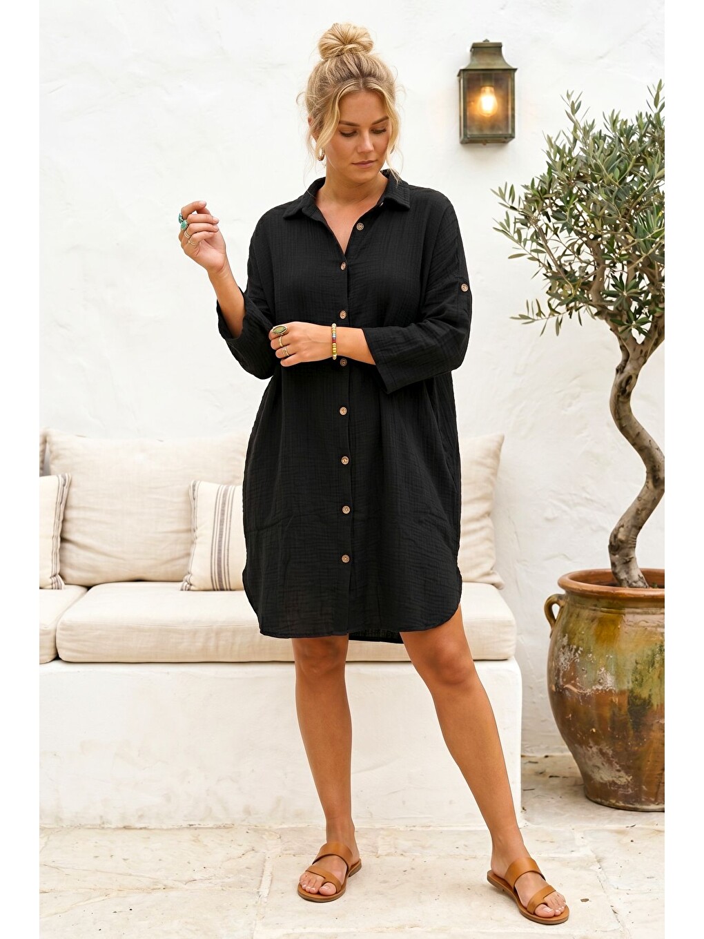 Siyah Gömlek Yaka 3/4 Kol Düğmeli Gizli Cepli Yıkamalı Casual Müslin Oversize Dokuma Elbise 101 72-5