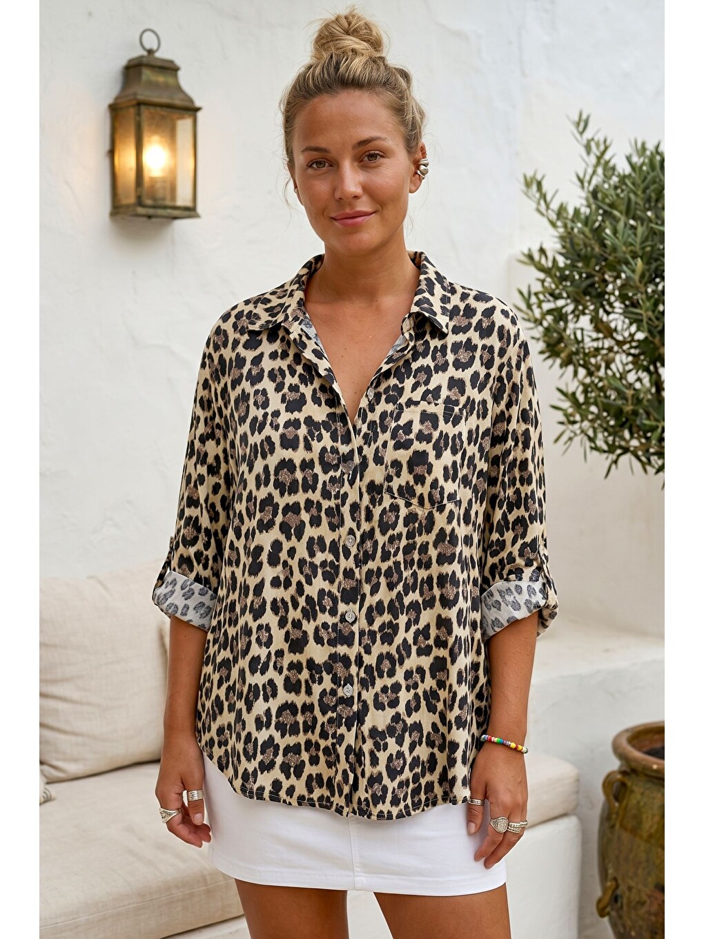 Kahverengi İtalyan Leopar Rengi Gömlek Yaka 3/4 Kol Leopar Desenli Düğmeli Casual Dokuma Gömlek 70 62-3