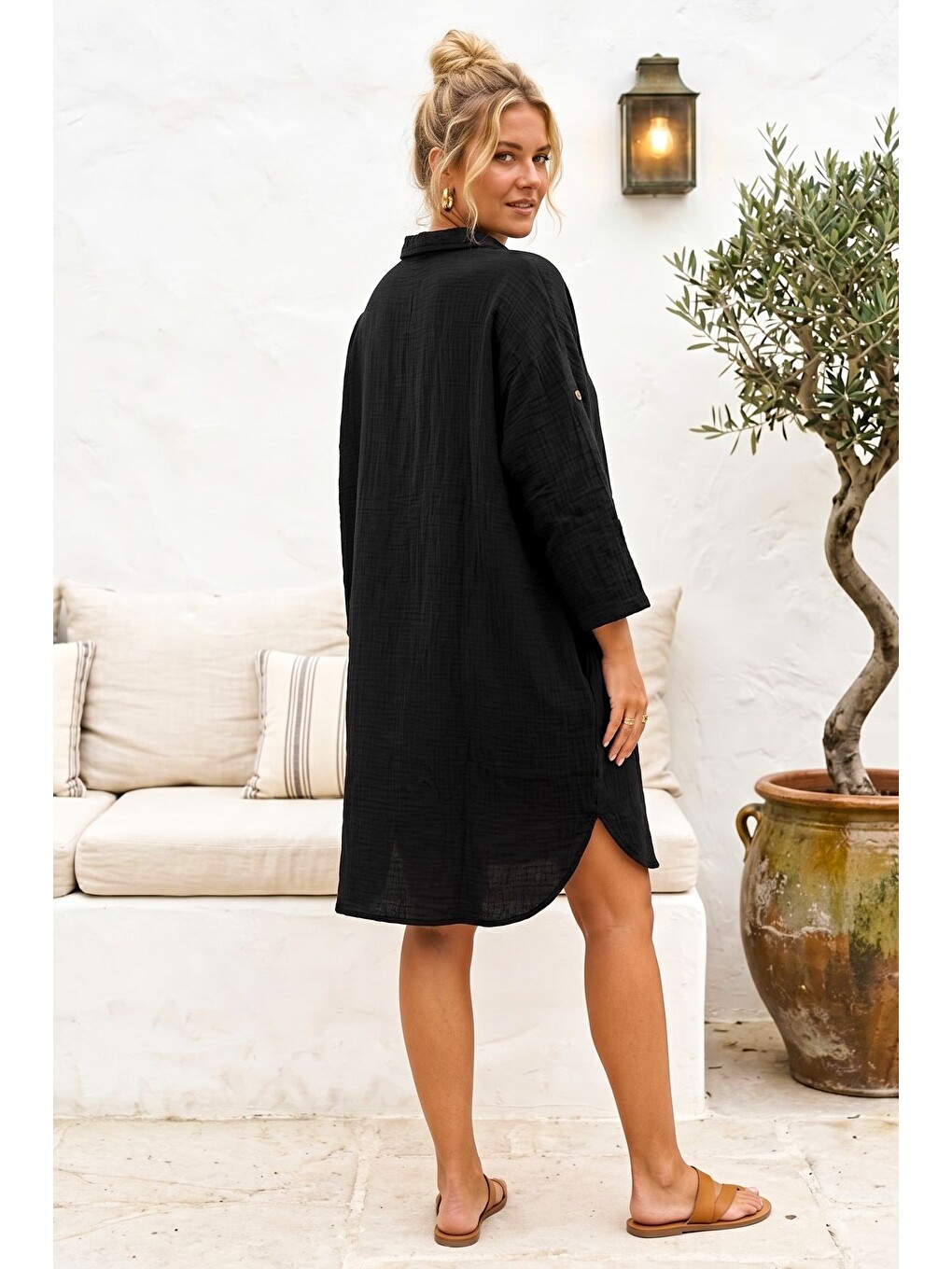 Siyah Gömlek Yaka 3/4 Kol Düğmeli Gizli Cepli Yıkamalı Casual Müslin Oversize Dokuma Elbise 101 72-6