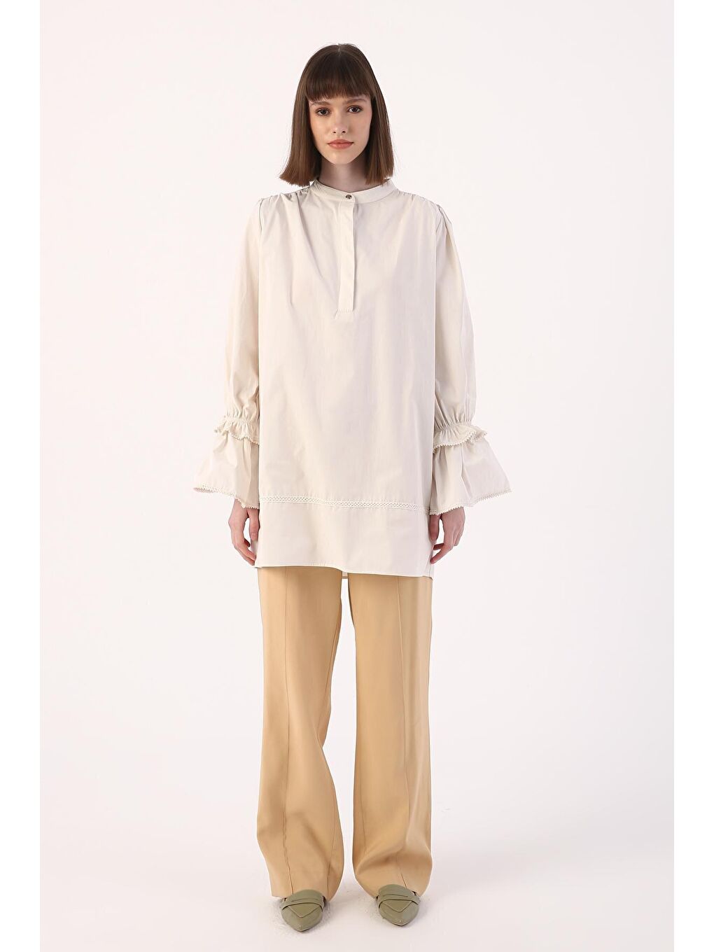 Bej Taş %100 Pamuk Kolu Fırfırlı Fistolu Tunik-1