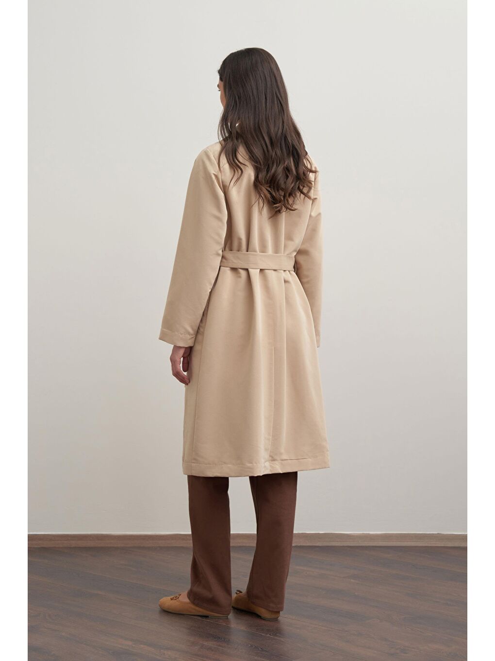 Bej-Kuşaklı Uzun Trençkot-2