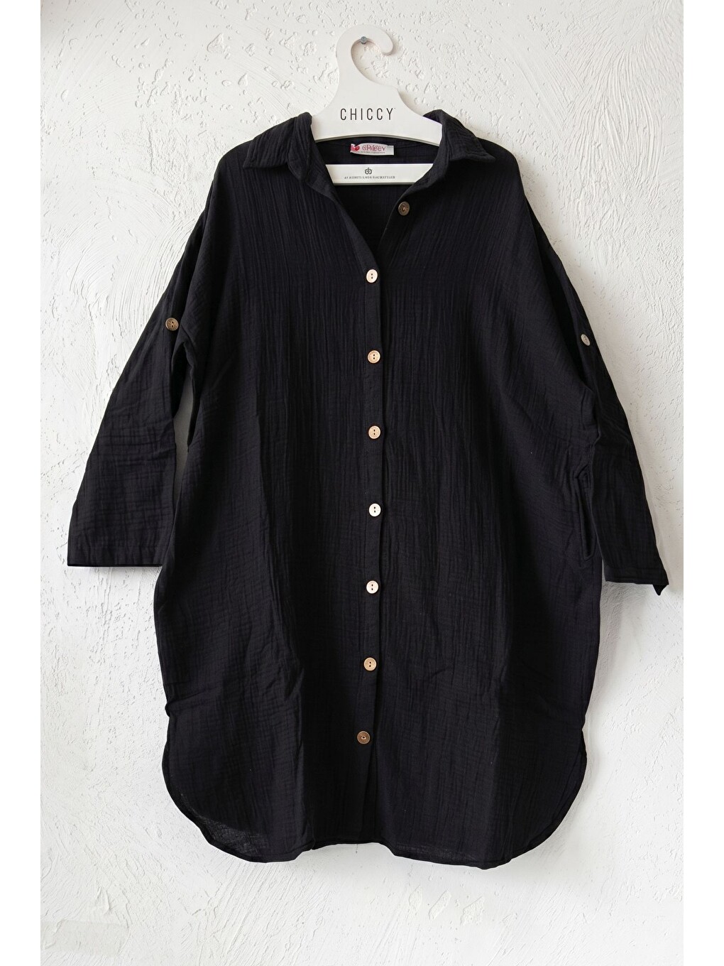 Siyah Gömlek Yaka 3/4 Kol Düğmeli Gizli Cepli Yıkamalı Casual Müslin Oversize Dokuma Elbise 101 72-7
