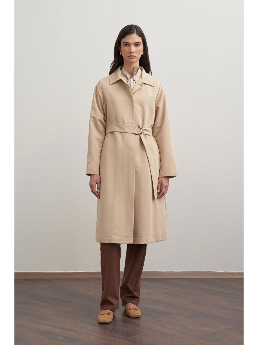 Bej-Kuşaklı Uzun Trençkot-3