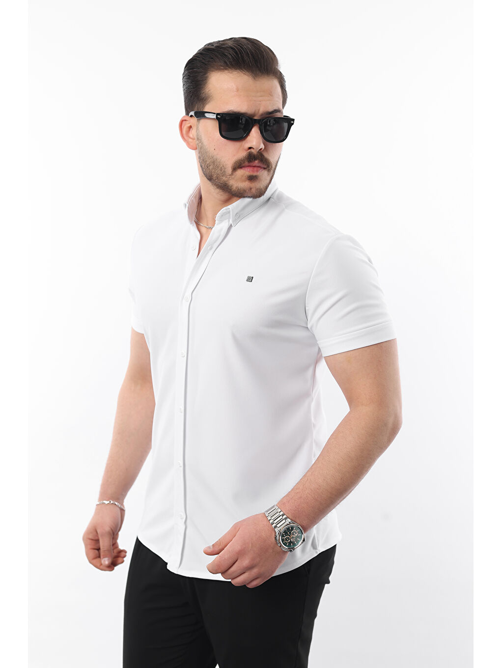 Beyaz Erkek Kısa Kollu Slim Fit Yazlık Basic Gömlek-2