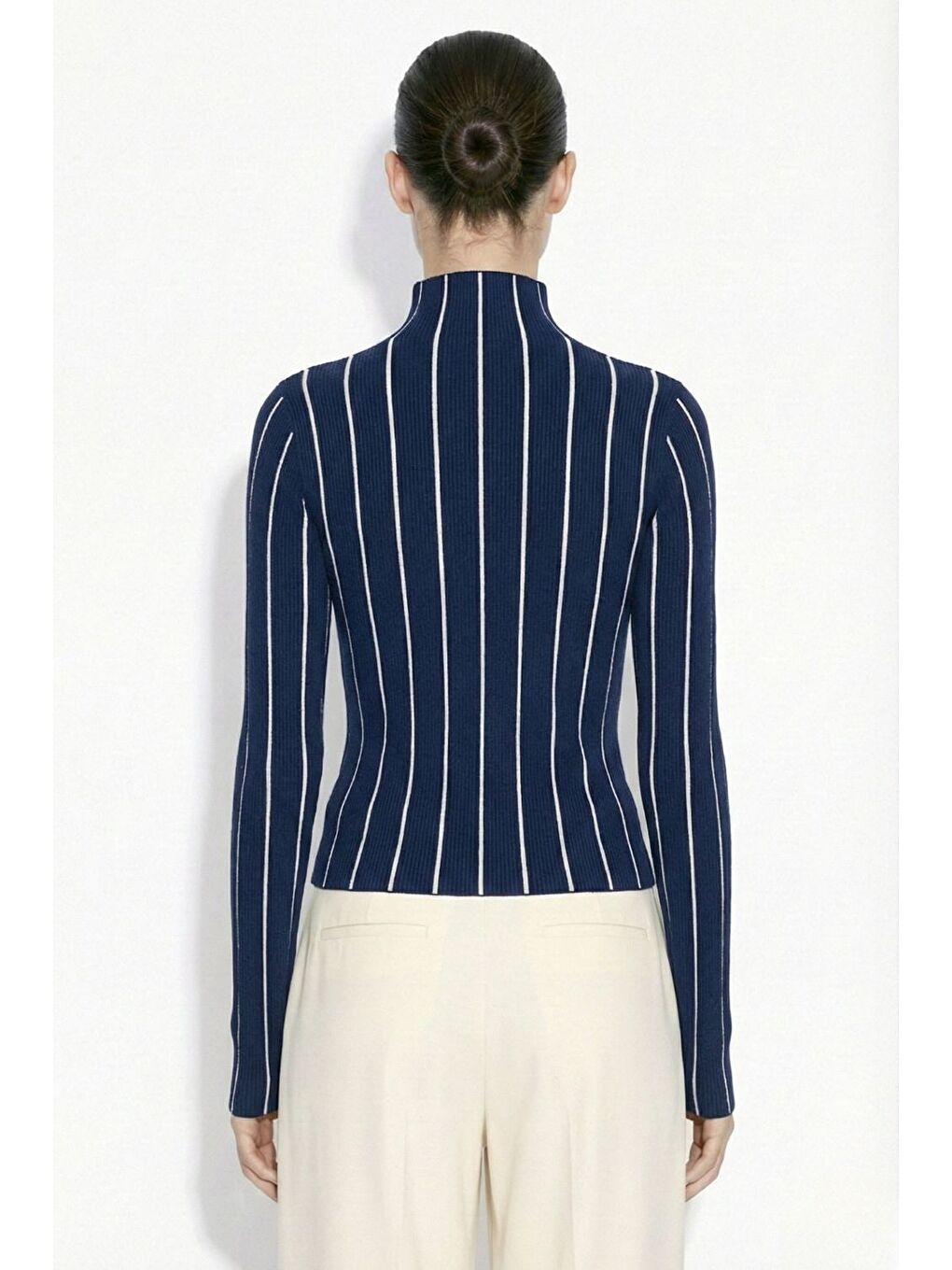 Lacivert-ekru Dik Yaka Lacivert Ekru Çizgili Triko Kazak-2