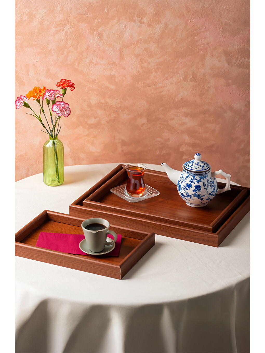 Kahverengi 130105045 Ahşap Tepsi 3lü Set Çay Kahve Bambu Sunumu Tepsi Seti-1