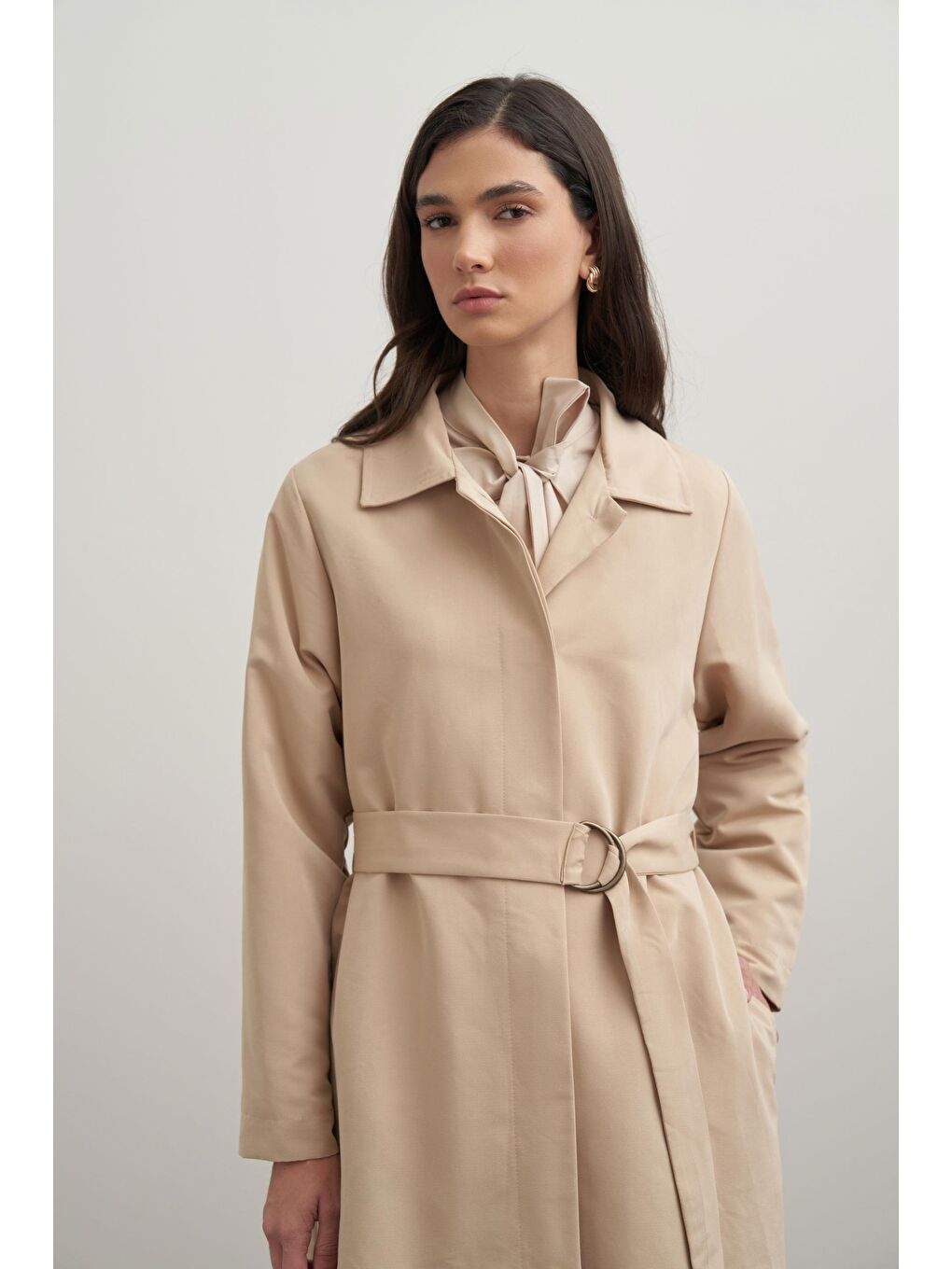 Bej-Kuşaklı Uzun Trençkot-5