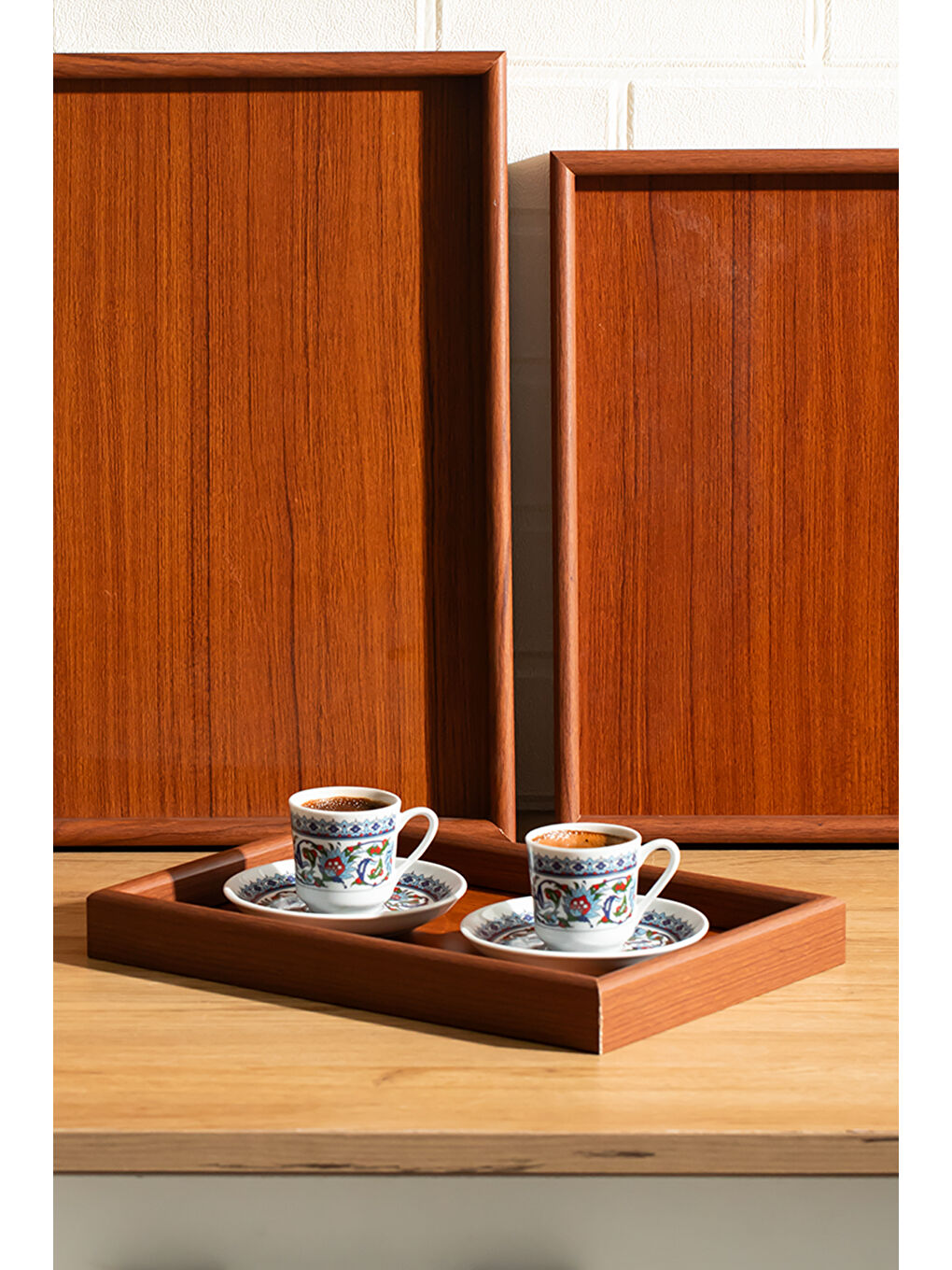 Kahverengi 130105045 Ahşap Tepsi 3lü Set Çay Kahve Bambu Sunumu Tepsi Seti-2