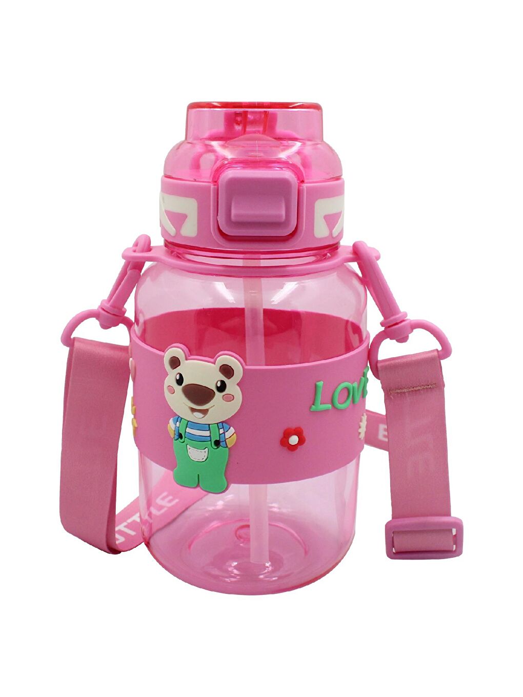 Çocuk Kilitli Kapak Pipetli Askılı Ayıcıklı Matara 800 ml