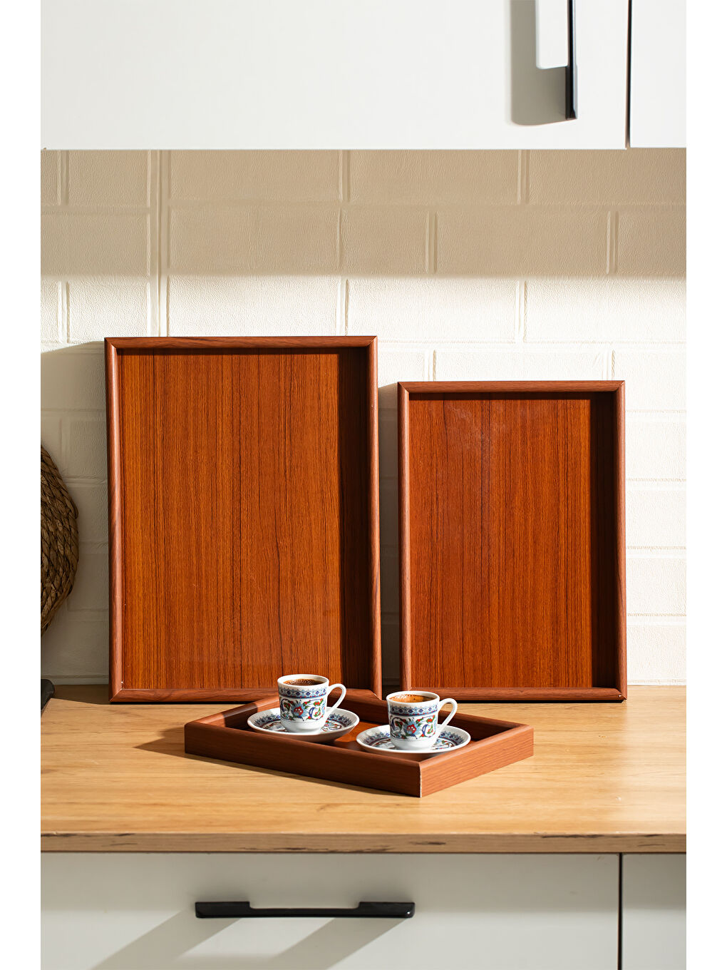 Kahverengi 130105045 Ahşap Tepsi 3lü Set Çay Kahve Bambu Sunumu Tepsi Seti-3