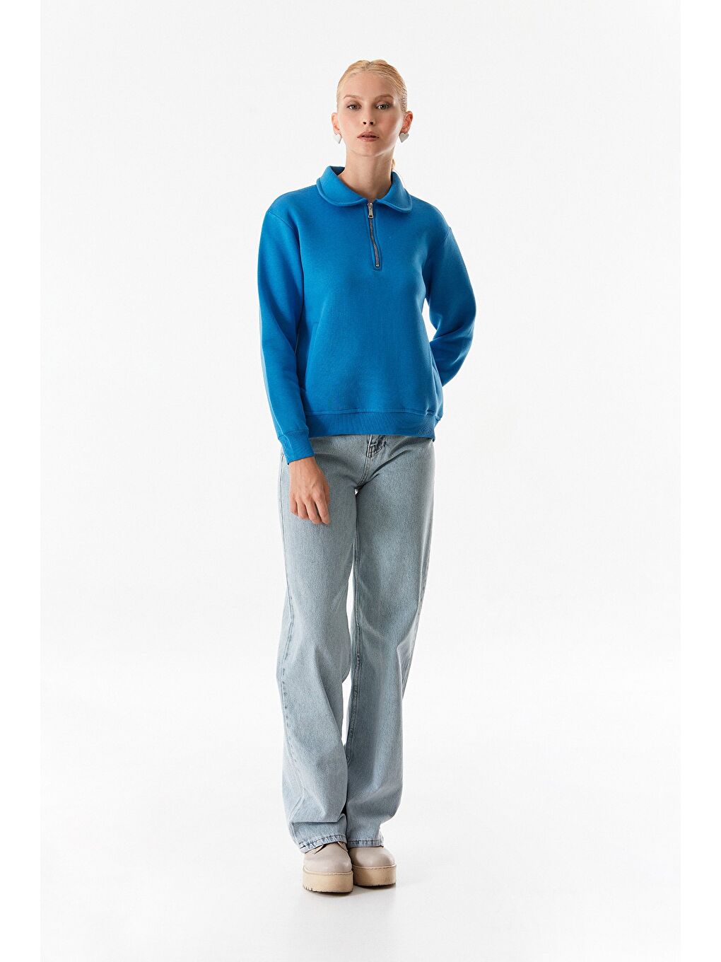 Fullamoda Mavi Basic Polo Yaka Cepli Sweatshirt - 1