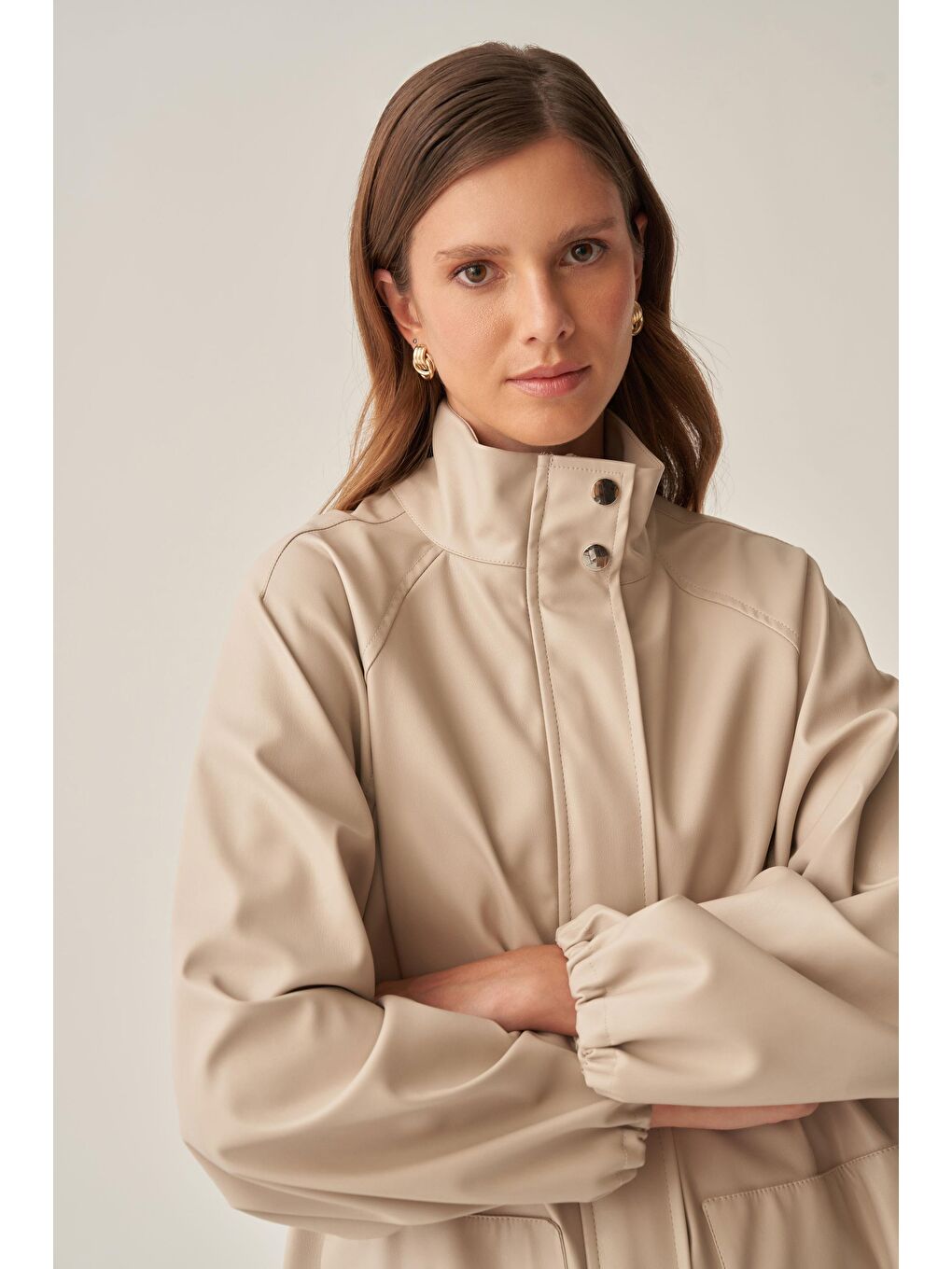 Bej Taş-Reglan Deri Ceket-5