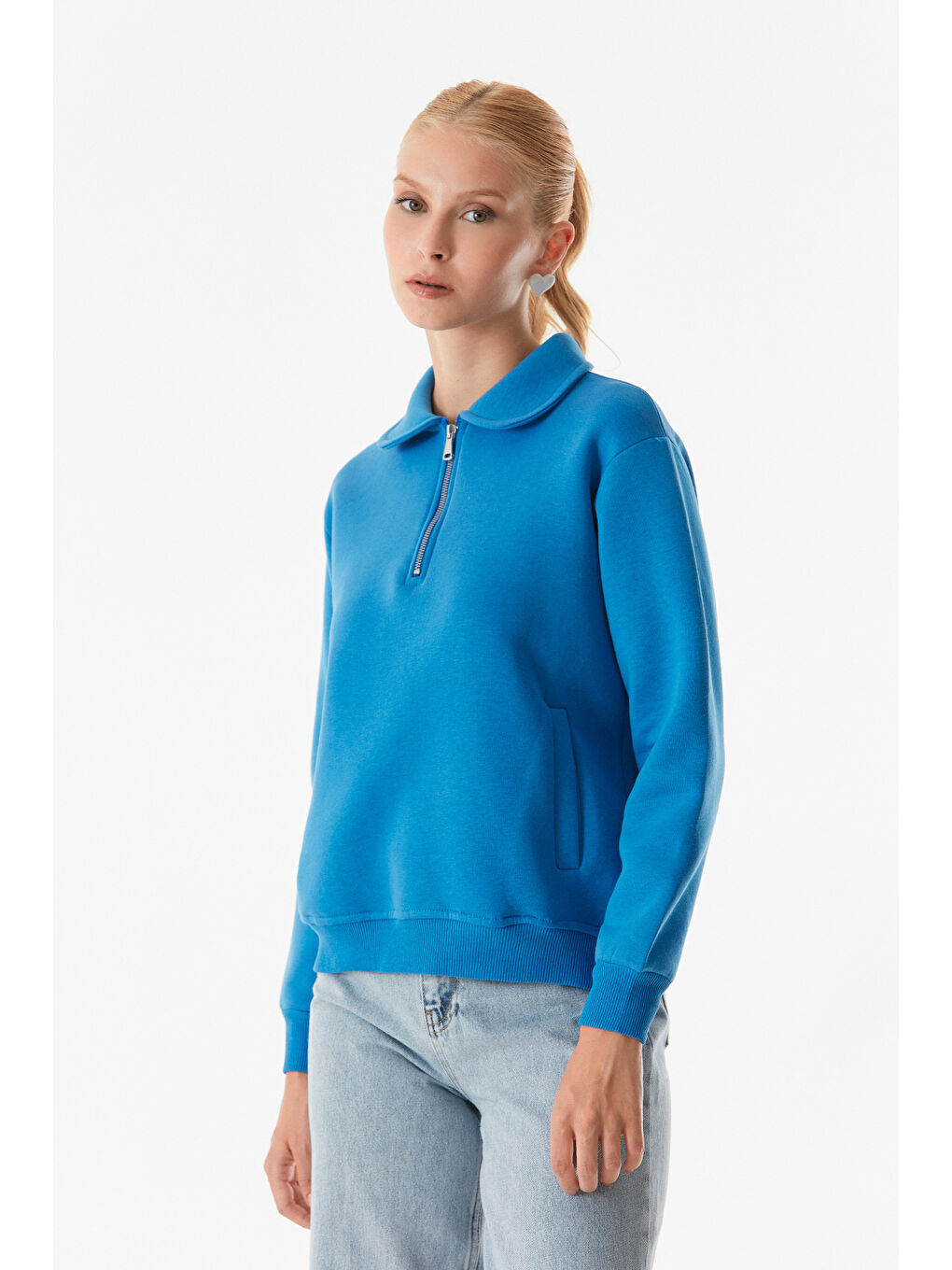 Fullamoda Mavi Basic Polo Yaka Cepli Sweatshirt - 2