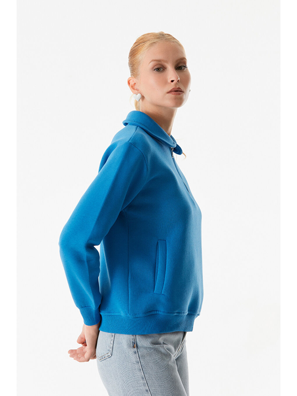 Fullamoda Mavi Basic Polo Yaka Cepli Sweatshirt - 4