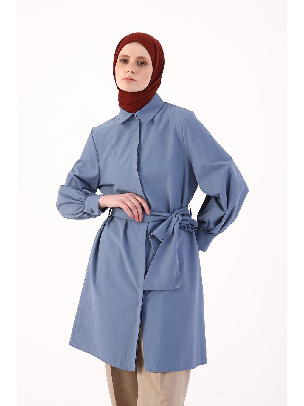 Mavi Balon Kol Kemer Detaylı Gömlek Tunik