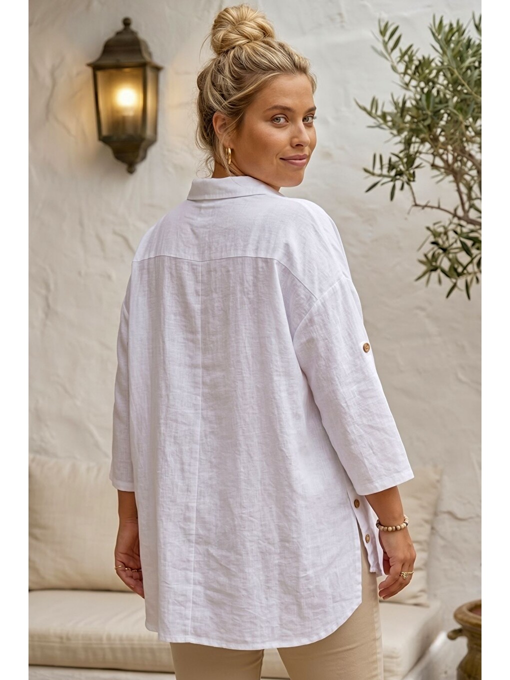 Beyaz Gömlek Yaka 3/4 Kol Düğmeli Casual Keten Görünümlü Oversize Dokuma Gömlek 75 72-6