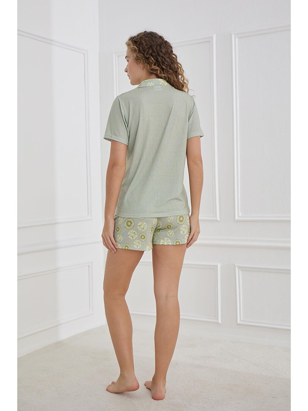 Kadın Desenli Polo Yaka Elastanlı Süprem Şort Takım   Yeşil 70115 1222-2