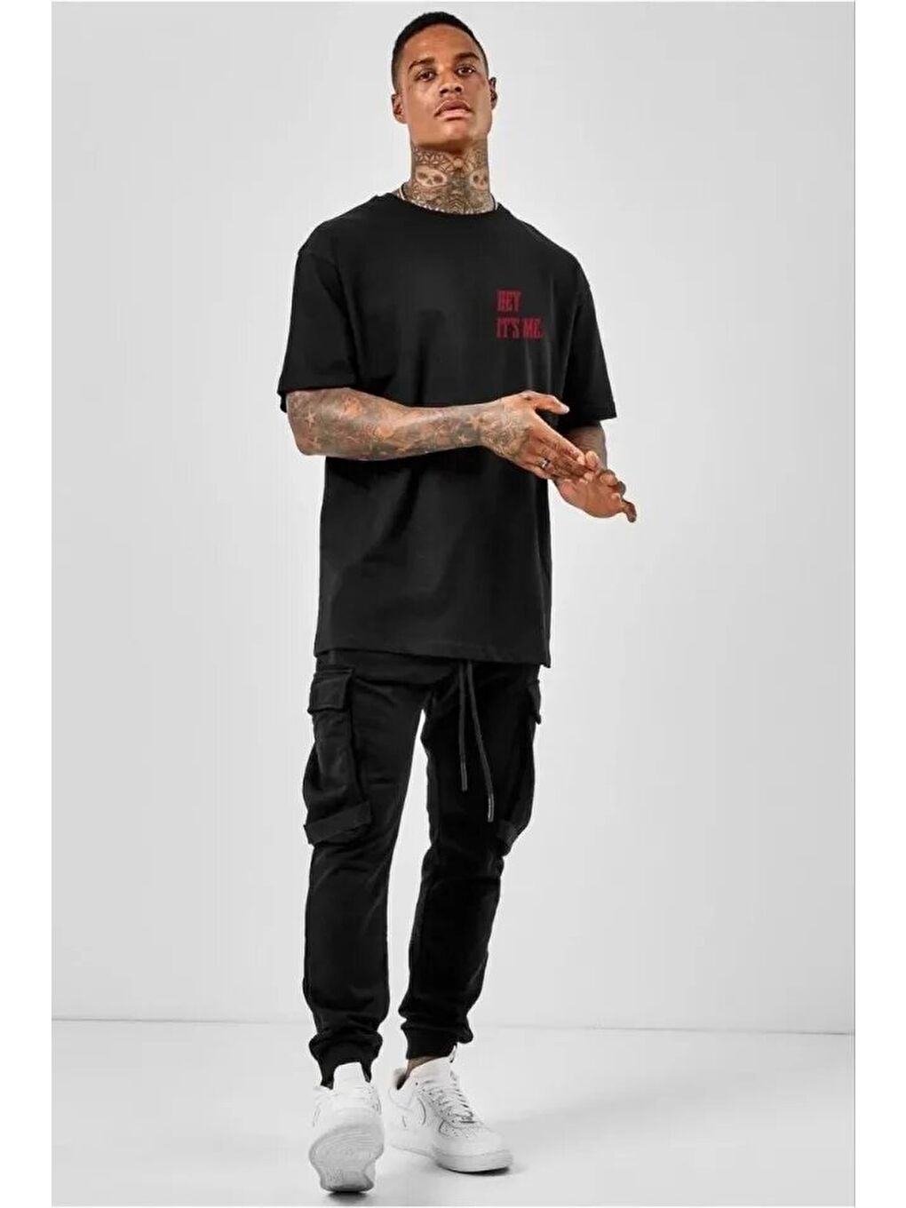 Unisex Bisiklet Yaka Oversize Baskılı T-Shirt - Siyah-1