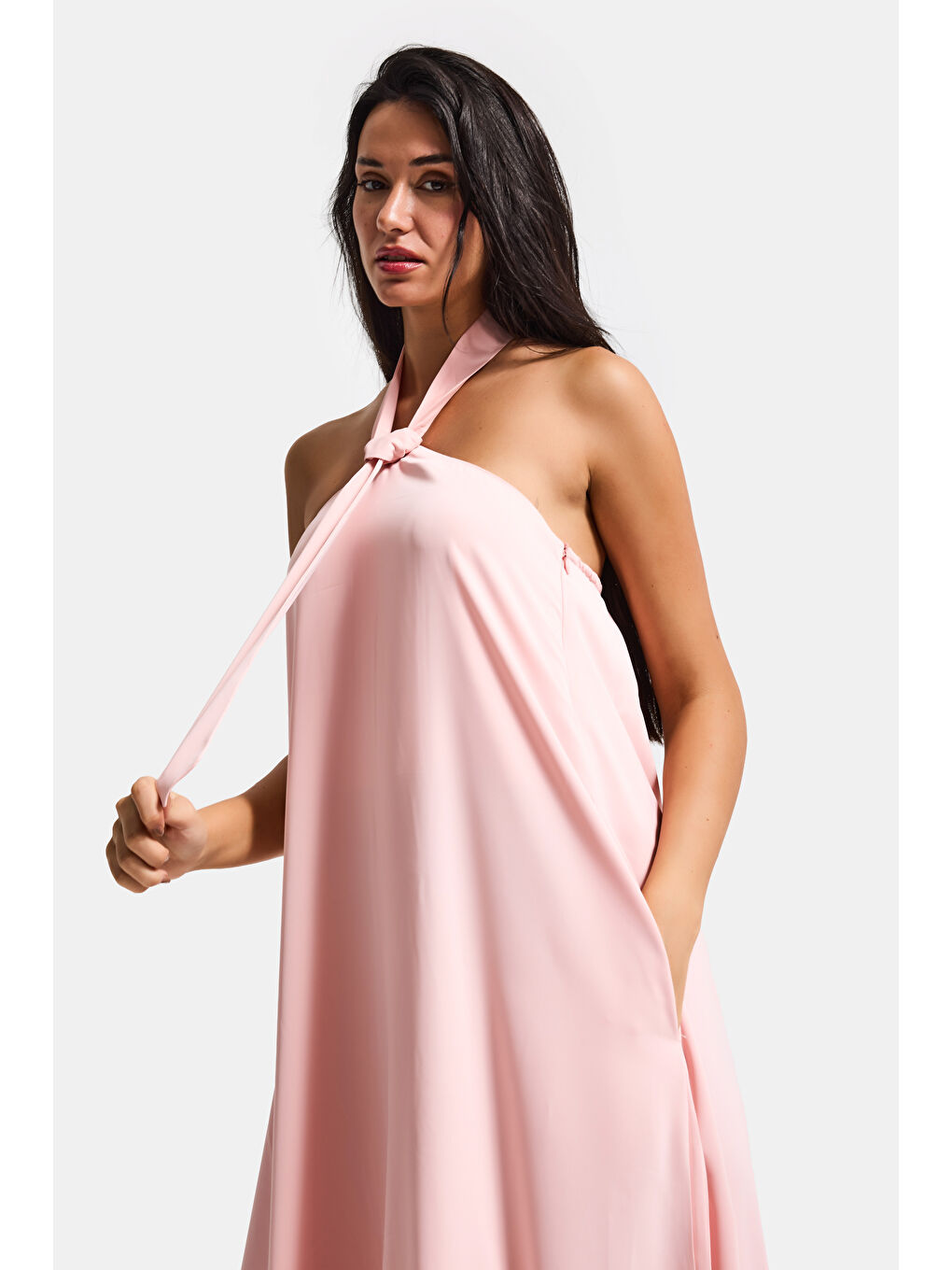 Kadın Pembe Renk Bol Kesim Kravat Detaylı Boyundan Bağlamalı Tasarım Elbise-2