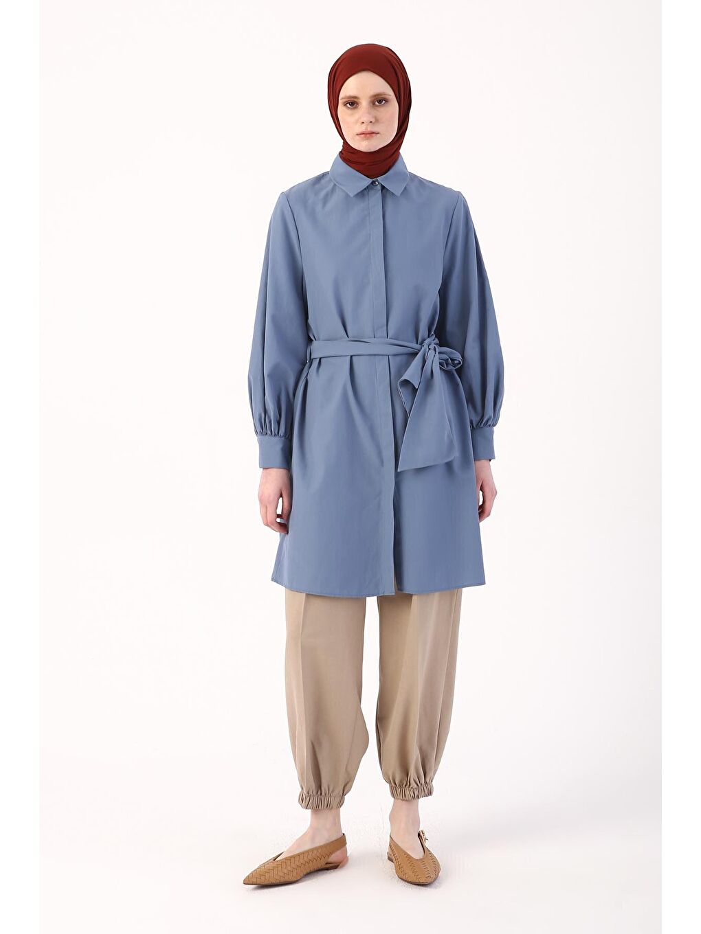 Mavi Balon Kol Kemer Detaylı Gömlek Tunik-1