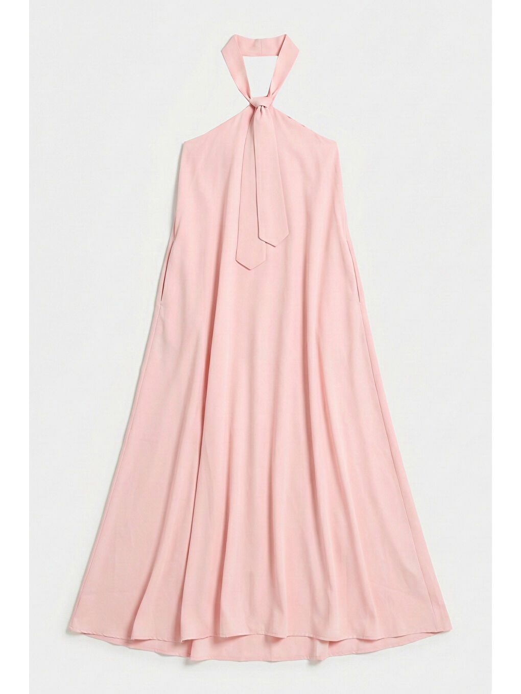 Kadın Pembe Renk Bol Kesim Kravat Detaylı Boyundan Bağlamalı Tasarım Elbise-3