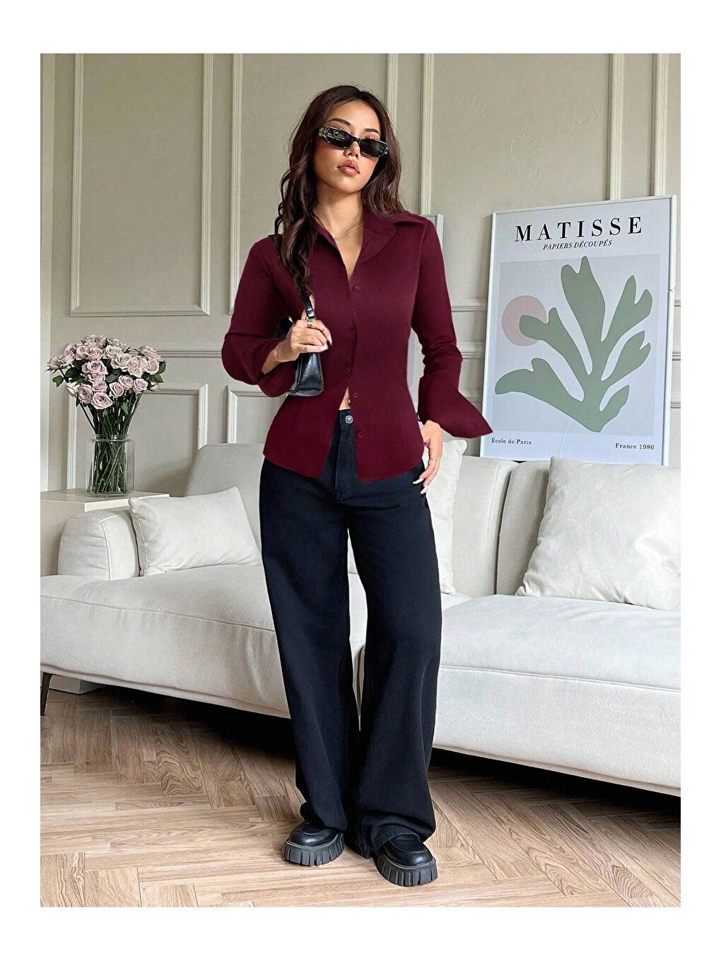 Bordo Kadın Arkası Bağcıklı Gömlek Slim Fit Günlük ve Ofis Kombin Modern Tasarım