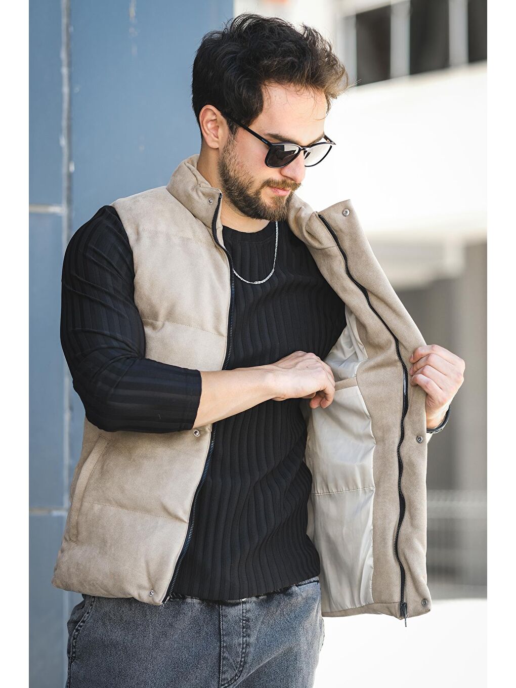 Bej Taff Cepli Dik Yaka Dolum Erkek Şişme Süet Nubuk Yelek-2