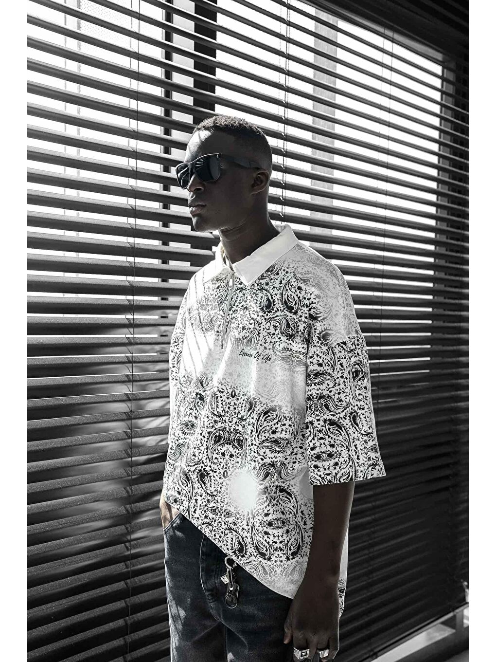 Erkek Polo Yaka Yarım Fermuarlı Baskılı Tişört Beyaz-7