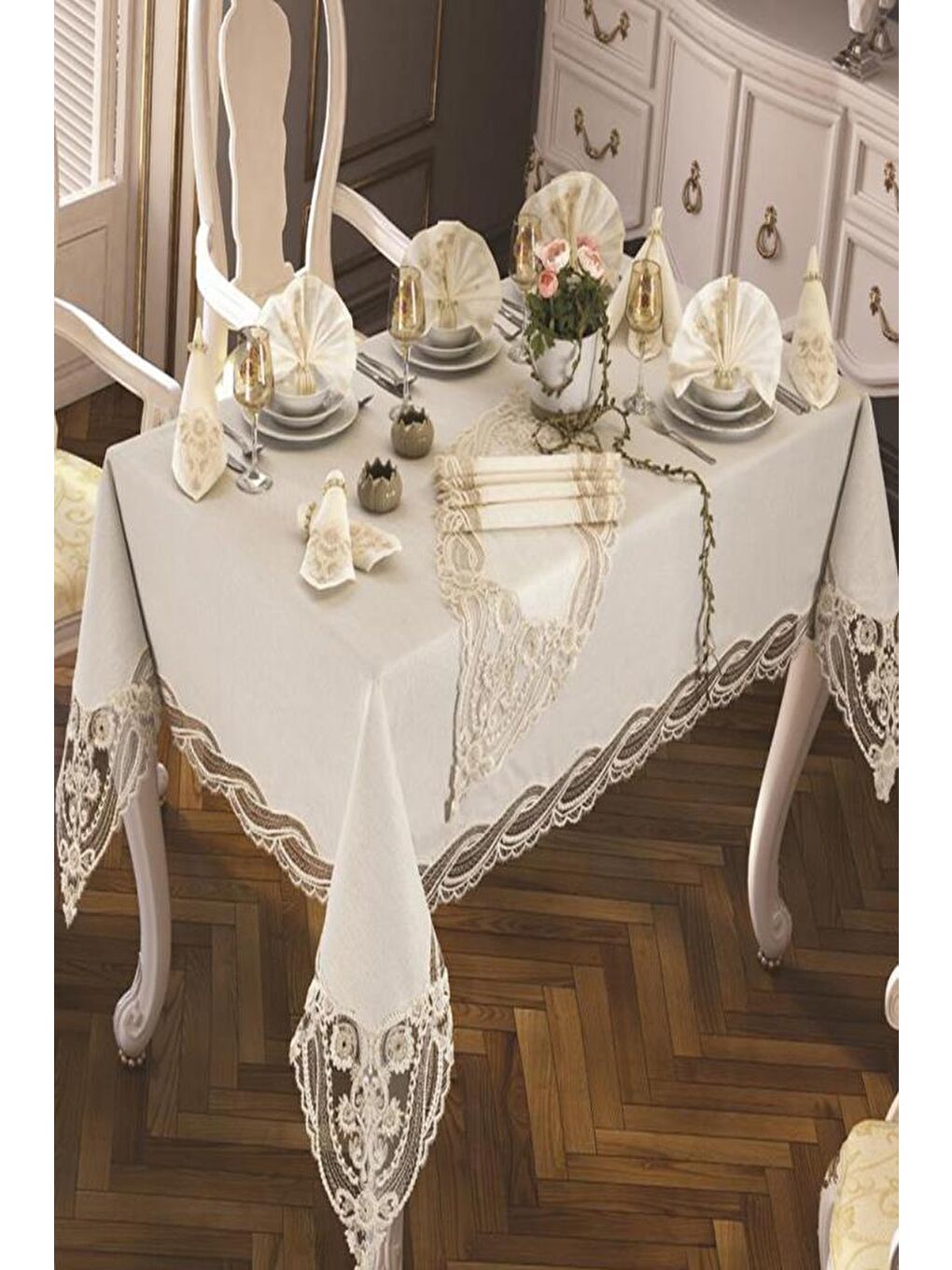 Ekru Fransız Güpürlü Gonca Tek Masa Örtüsü Krem-2