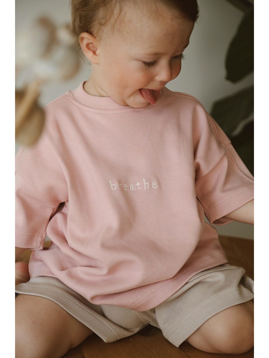 Pembe Bisiklet Yaka Oversize T-Shirt Bebek - Çocuk-1