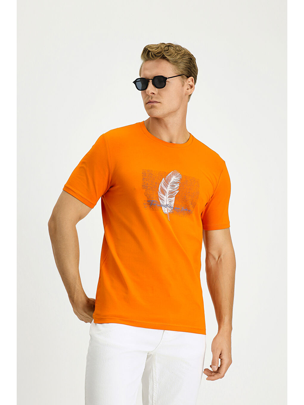 Turuncu Bisiklet Yaka Slim Fit Dar Kesim Baskılı Pamuklu Tişört