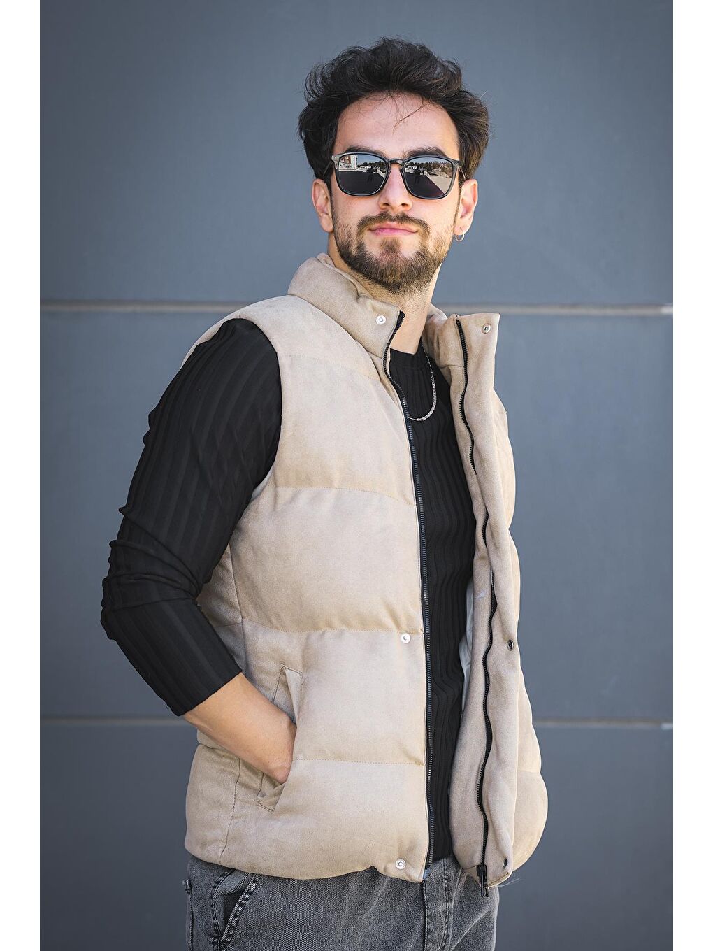 Bej Taff Cepli Dik Yaka Dolum Erkek Şişme Süet Nubuk Yelek-3