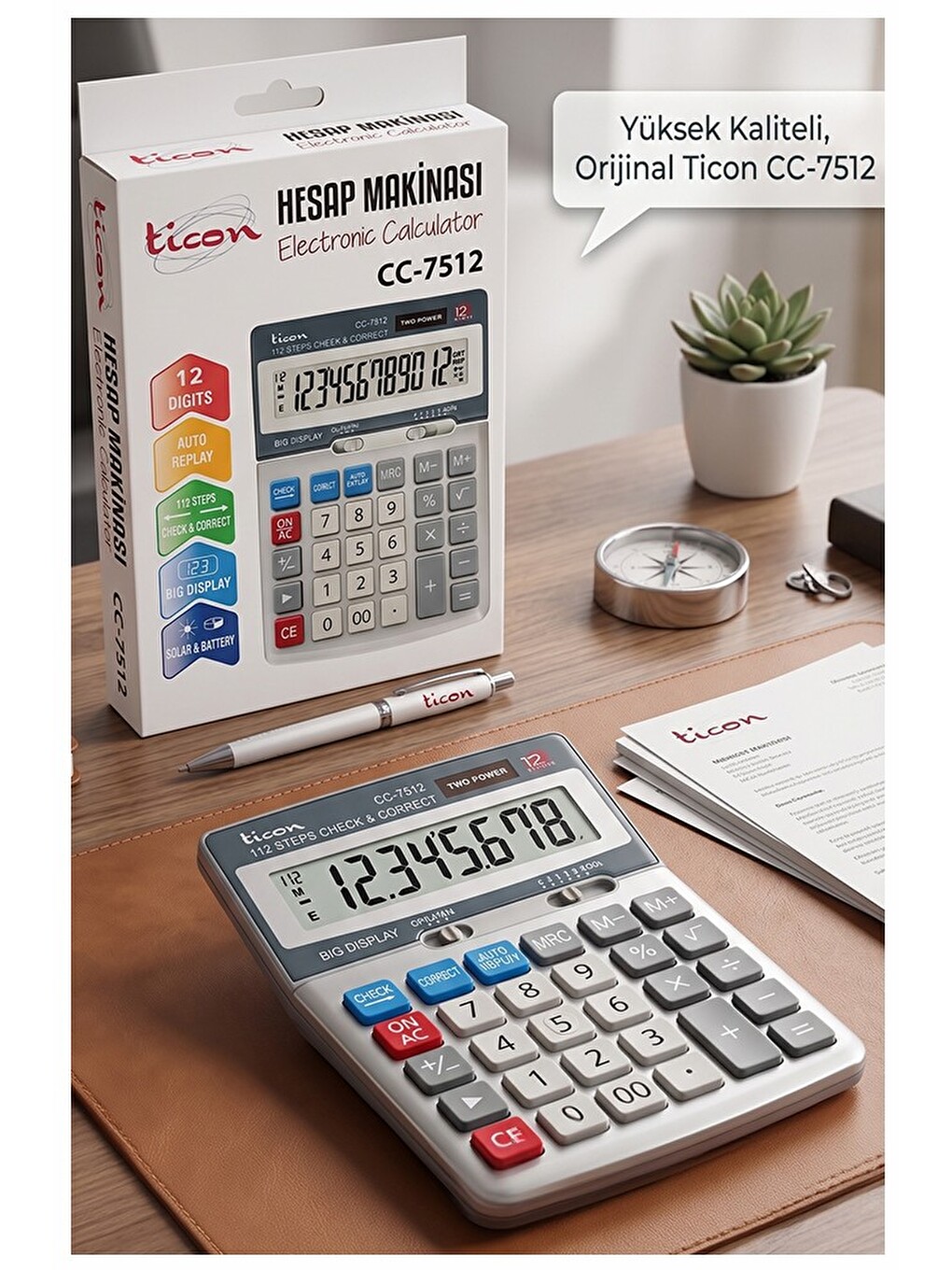 Hesap Makinesi Gri 12x17 Cm 1 Adet Th-7512 12 Haneli Hafızalı Orta Boy Ofis Büro Masaüstü Hesa
