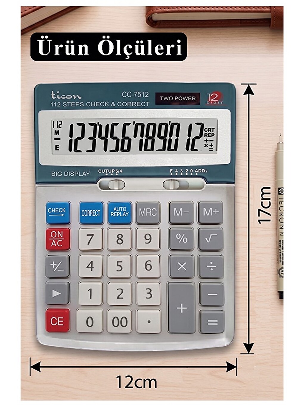 Hesap Makinesi Gri 12x17 Cm 1 Adet Th-7512 12 Haneli Hafızalı Orta Boy Ofis Büro Masaüstü Hesa-1