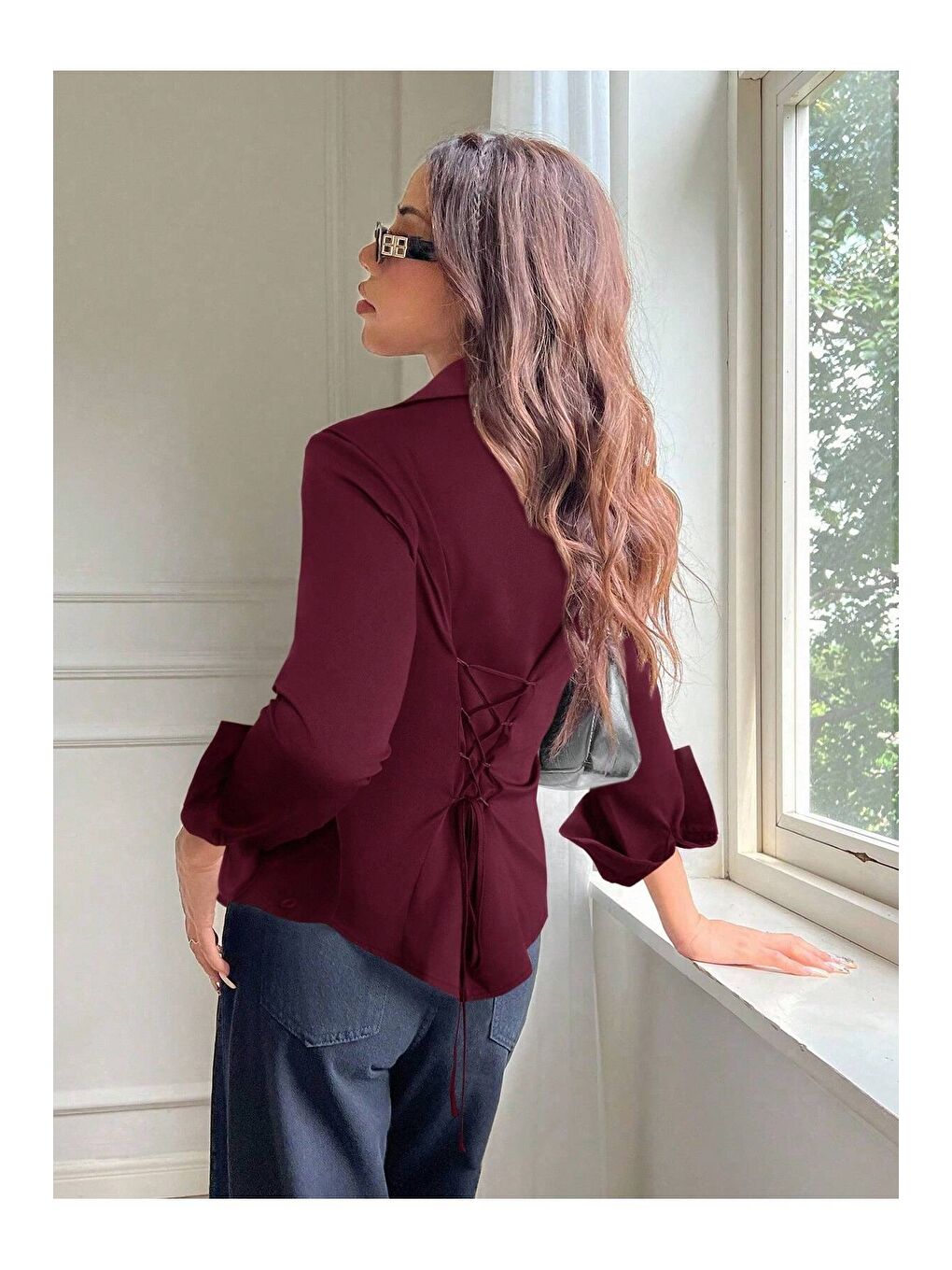 Bordo Kadın Arkası Bağcıklı Gömlek Slim Fit Günlük ve Ofis Kombin Modern Tasarım-1