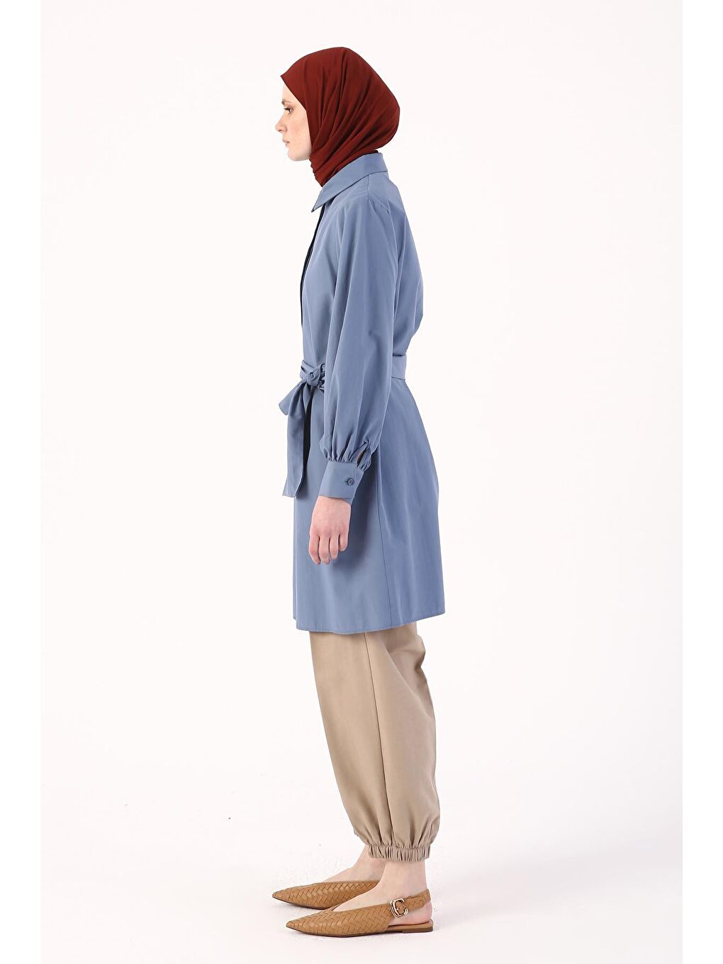 Mavi Balon Kol Kemer Detaylı Gömlek Tunik-2