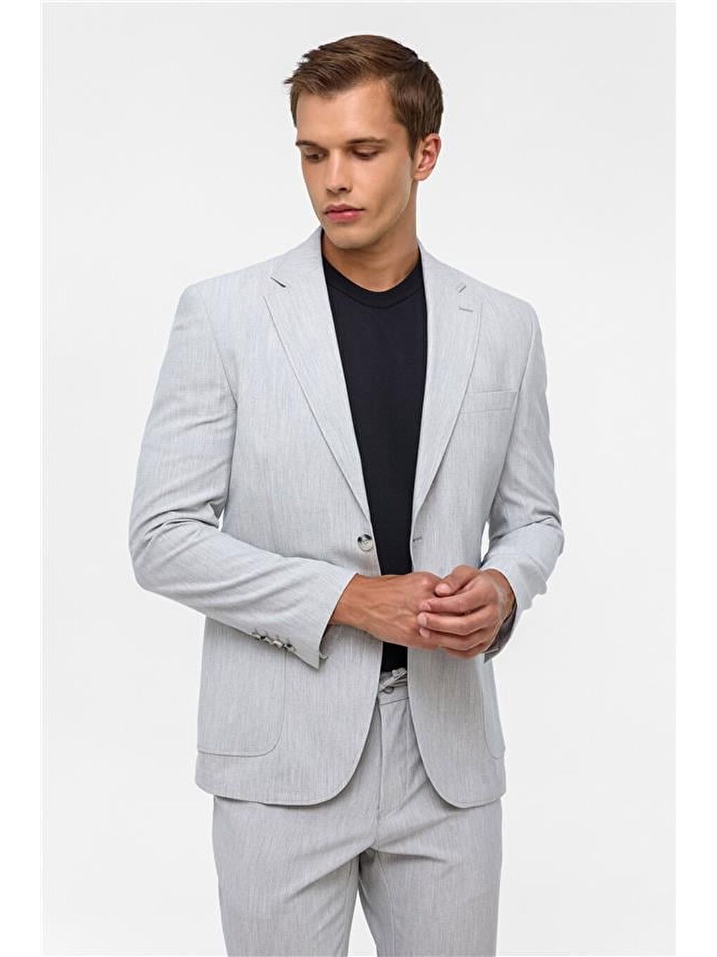 Gri Slim Desenli Mono Yaka 6 Drop Takım Elbise-1