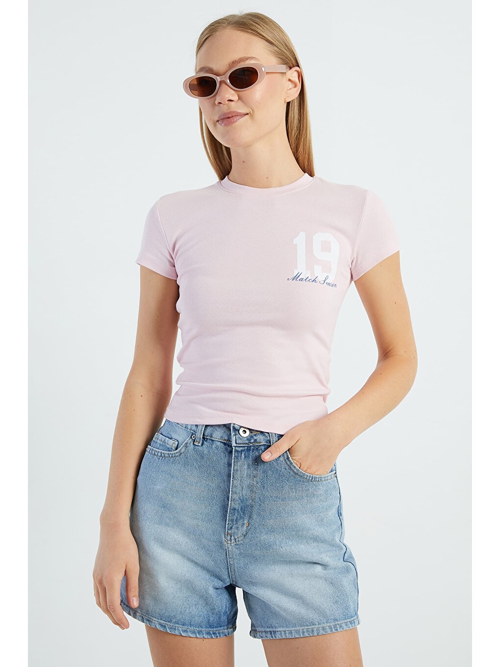 Pembe 19 Baskılı Slim Fit Tişört-2