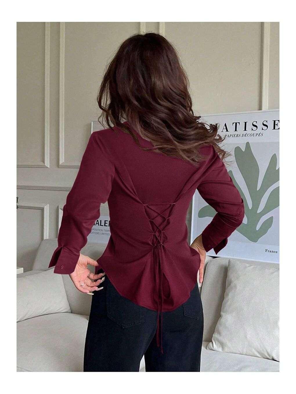 Bordo Kadın Arkası Bağcıklı Gömlek Slim Fit Günlük ve Ofis Kombin Modern Tasarım-2